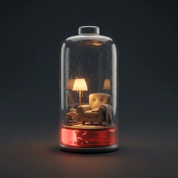 A whimsical 3D battery icon with a cozy armchair inside