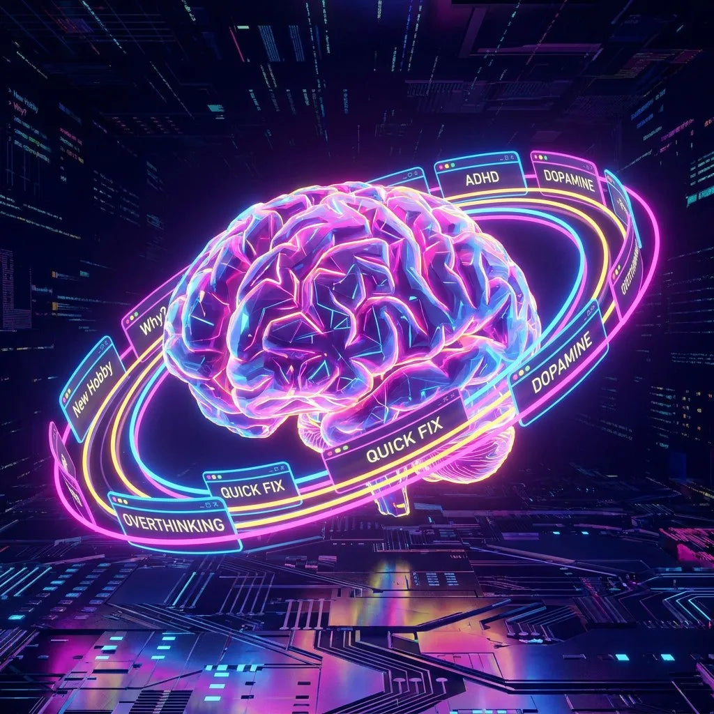 A vibrant 3D brain with orbiting browser tabs
