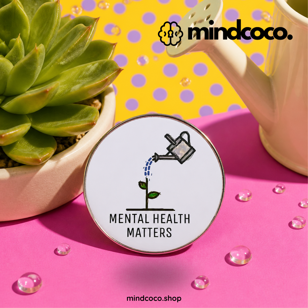 "Mental Health Matters" enamel pin – lifestyle flat lay, neurodivergent and mental health humour