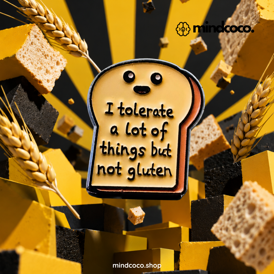 "Tolerate Toast" enamel pin – lifestyle flat lay, neurodivergent and mental health humour