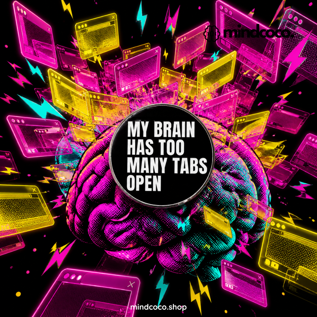 "Browser Overload Brain Tabs" enamel pin – lifestyle flat lay, neurodivergent and mental health humour