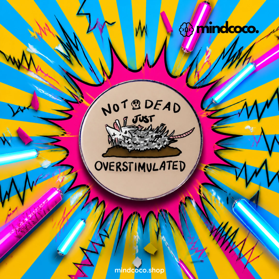 "Overstimulated" enamel pin – lifestyle flat lay, neurodivergent and mental health humour