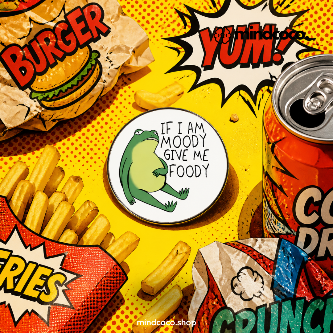 "If Moody Give Foody" enamel pin – lifestyle flat lay, neurodivergent and mental health humour