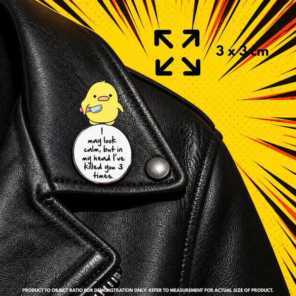 Person holding "I May Look Calm" enamel pin showing 3×3cm size