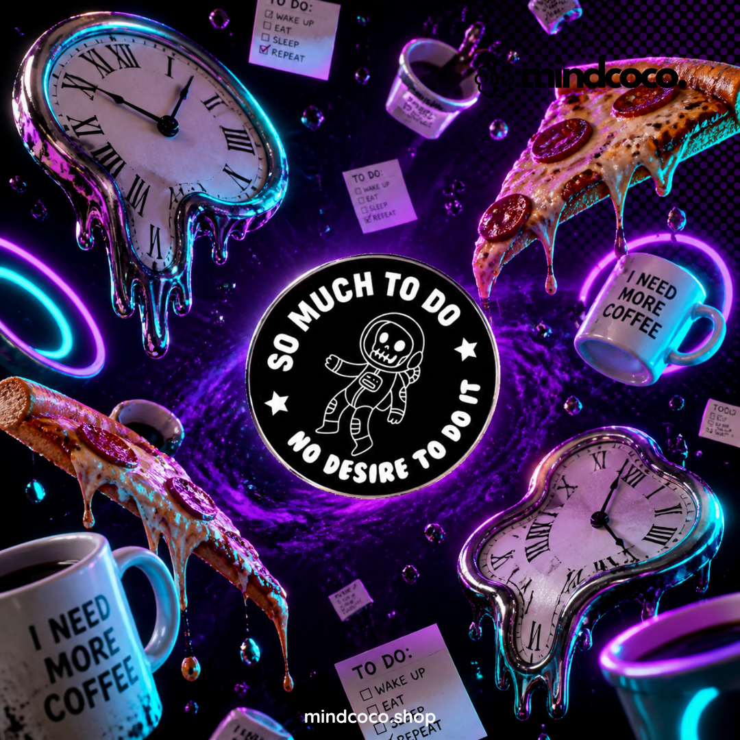 "So Much To Do" enamel pin – lifestyle flat lay, neurodivergent and mental health humour