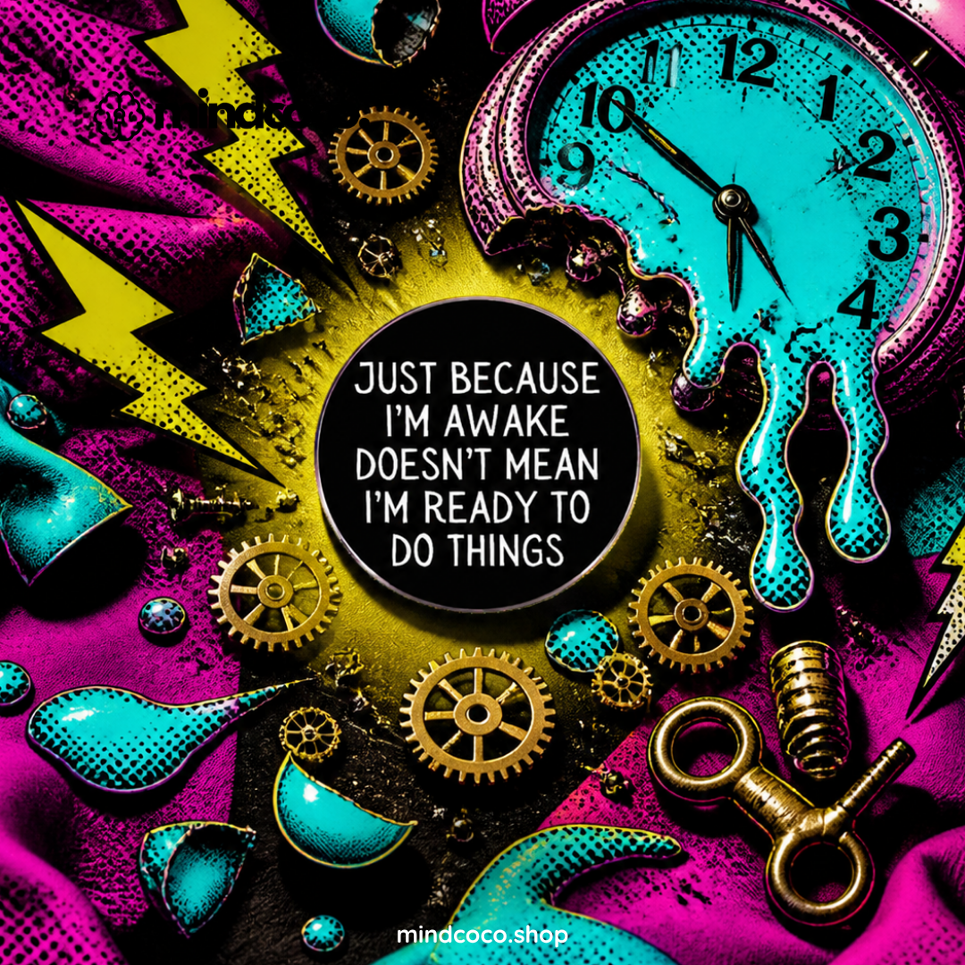 "Awake but Not Ready" enamel pin – lifestyle flat lay, neurodivergent and mental health humour