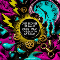"Awake but Not Ready" enamel pin – lifestyle flat lay, neurodivergent and mental health humour
