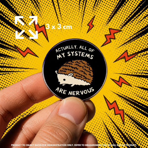 Person holding "Nervous Hedgehog" enamel pin showing 3×3cm size