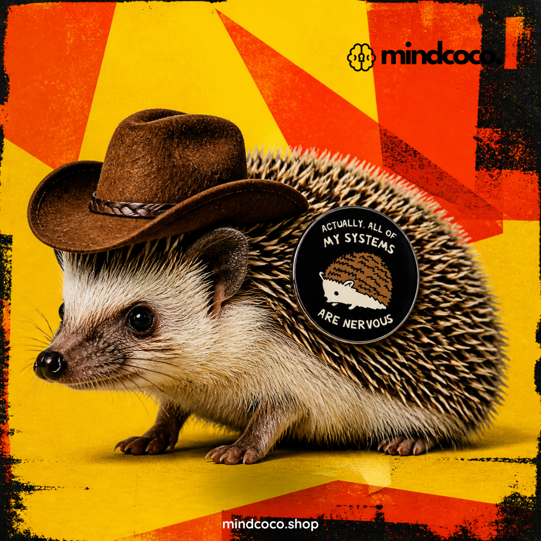 "Nervous Hedgehog" enamel pin – lifestyle flat lay, neurodivergent and mental health humour