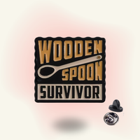 "Wooden Spoon Survivor" enamel pin – Childhood Trauma Humor