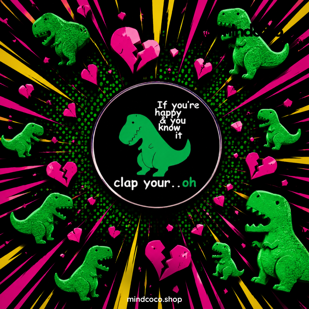 "T-rex Clap" enamel pin – lifestyle flat lay, neurodivergent and mental health humour