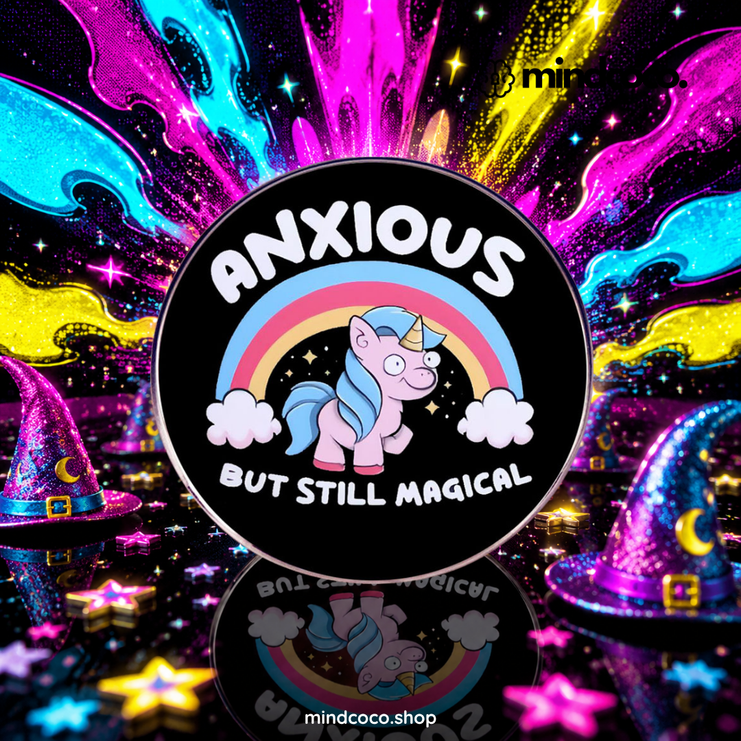"Anxious Unicorn" enamel pin – lifestyle flat lay, neurodivergent and mental health humour