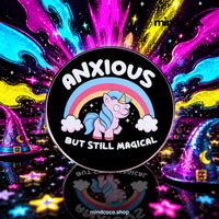 "Anxious Unicorn" enamel pin – lifestyle flat lay, neurodivergent and mental health humour