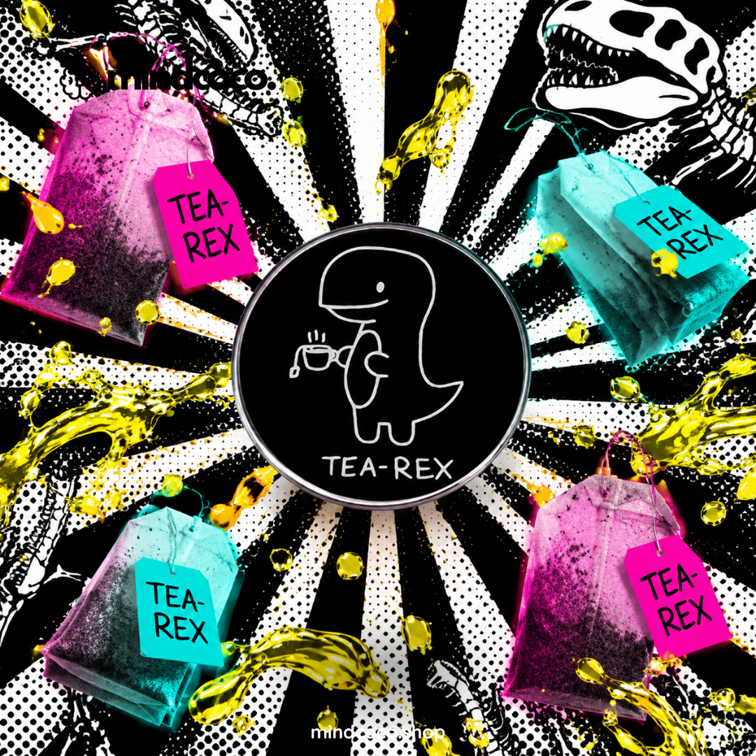 "Tea-Rex" enamel pin – lifestyle flat lay, neurodivergent and mental health humour