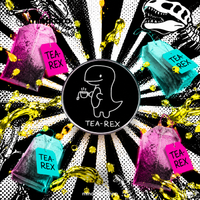 "Tea-Rex" enamel pin – lifestyle flat lay, neurodivergent and mental health humour