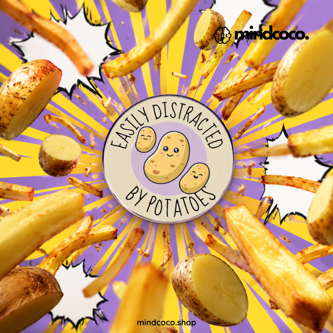 "Easily Distracted By Potato" enamel pin – lifestyle flat lay, neurodivergent and mental health humour