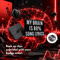 "My Brain is 80% Lyrics" enamel pin worn on jacket – neurodivergent and mental health humour