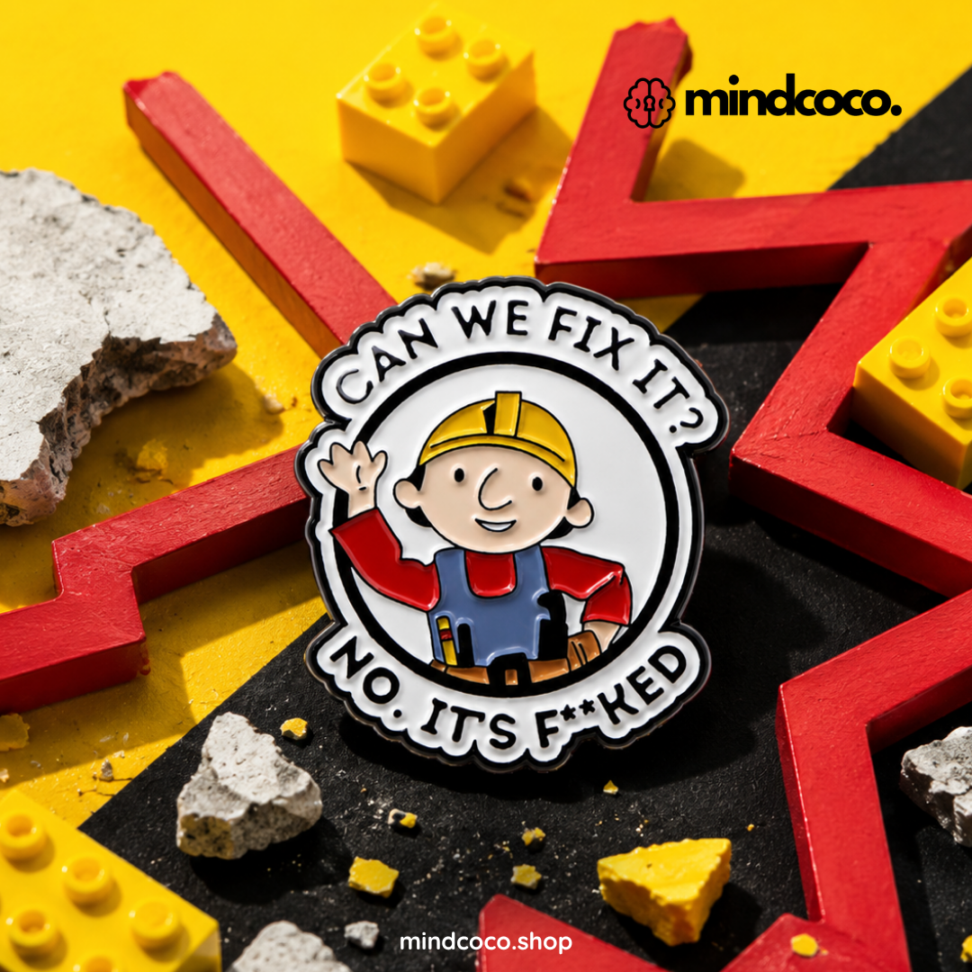 "Chaos Certified" enamel pin – lifestyle flat lay, neurodivergent and mental health humour