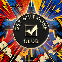 "Get Sh!t Done Club" enamel pin – lifestyle flat lay, neurodivergent and mental health humour