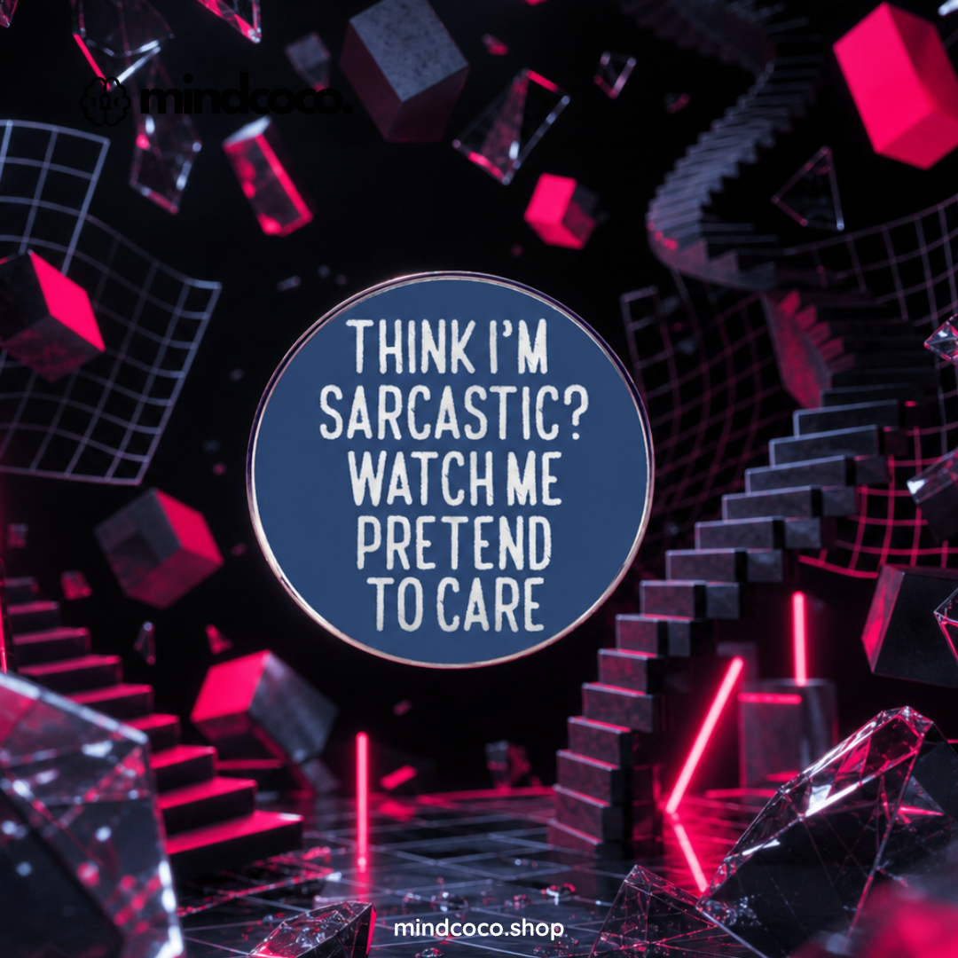 "Pretend To Care" enamel pin – lifestyle flat lay, neurodivergent and mental health humour