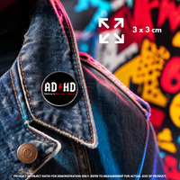 Person holding "ADHD Highway to Hey Look a Squirrel" enamel pin showing 3×3cm size