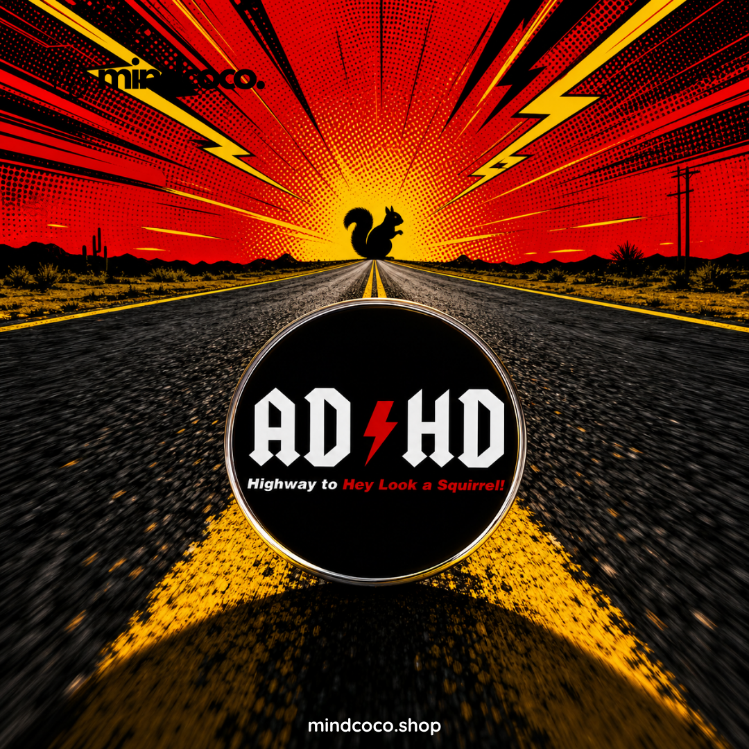 "ADHD Highway to Hey Look a Squirrel" enamel pin – lifestyle flat lay, neurodivergent and mental health humour