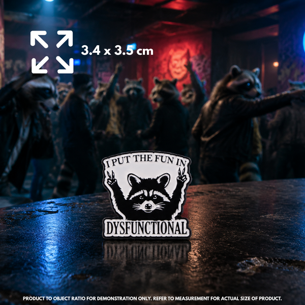 Person holding "FUN In Dysfunctional" enamel pin showing 3×3cm size