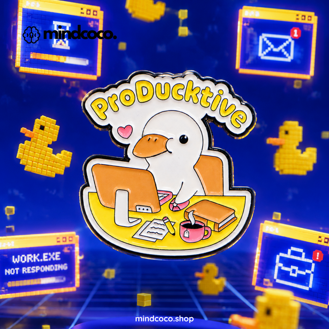 "ProDucktive" enamel pin – lifestyle flat lay, neurodivergent and mental health humour