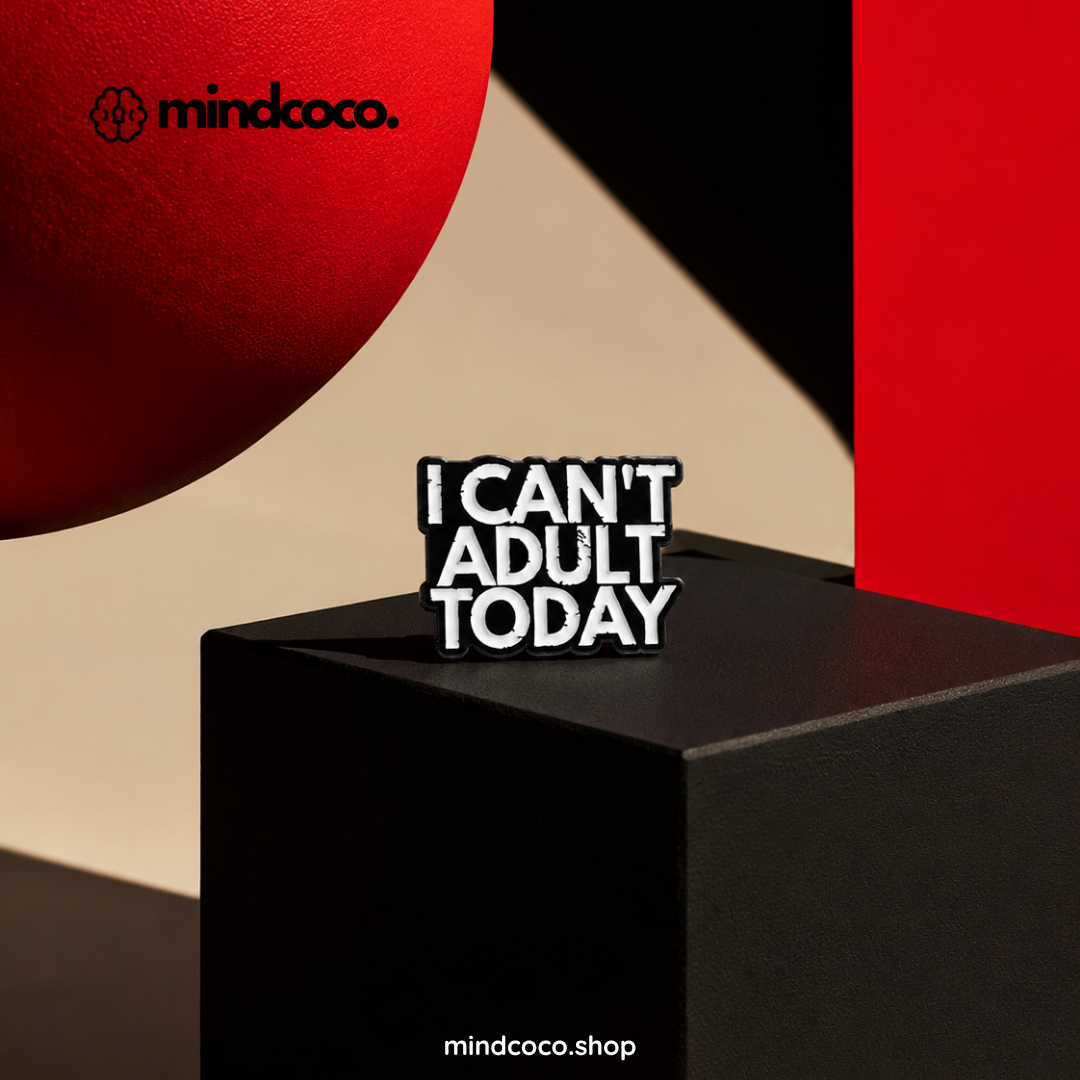 "I Can" enamel pin – lifestyle flat lay, neurodivergent and mental health humour