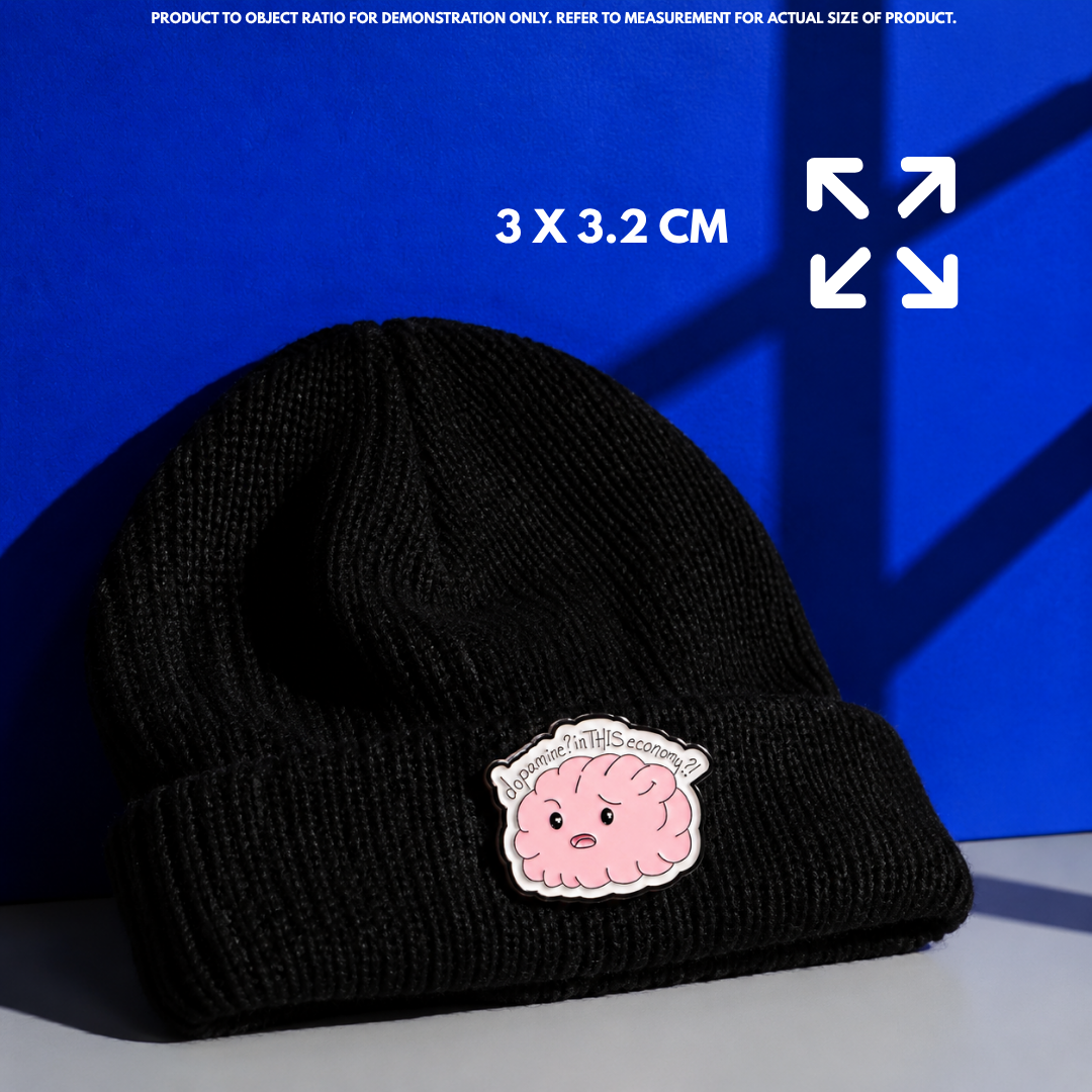 Person holding "Happy Vibes in THIS Economy" enamel pin showing 3×2.5cm size