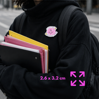 Person holding "Little Miss Procrastinator" enamel pin showing 3×3cm size