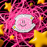 "Little Miss Procrastinator" enamel pin – lifestyle flat lay, neurodivergent and mental health humour