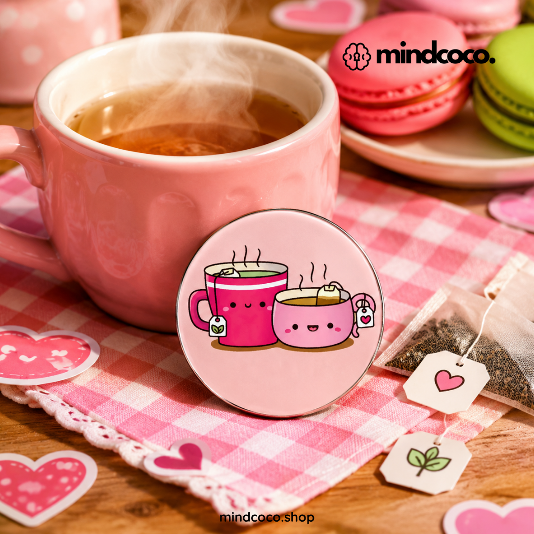 "Bes Teas" enamel pin – lifestyle flat lay, neurodivergent and mental health humour