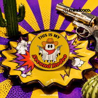 "This Is My Second Rodeo" enamel pin – lifestyle flat lay, neurodivergent and mental health humour