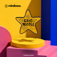 "Good Noodle" enamel pin – lifestyle flat lay, neurodivergent and mental health humour