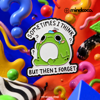 "Sometimes I think but then I forget" enamel pin – lifestyle flat lay, neurodivergent and mental health humour