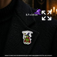 Person holding "T'was the 'Tism M'Lord" enamel pin showing 3×3cm size