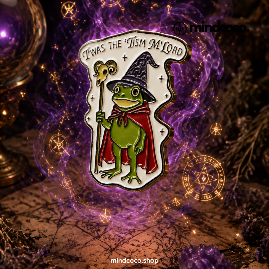 "T" enamel pin – lifestyle flat lay, neurodivergent and mental health humour