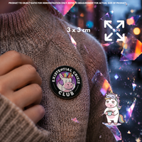 Person holding "Existential Crisis Club" enamel pin showing 3×3cm size