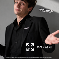 Person holding "Allegedly" enamel pin showing 3×3cm size