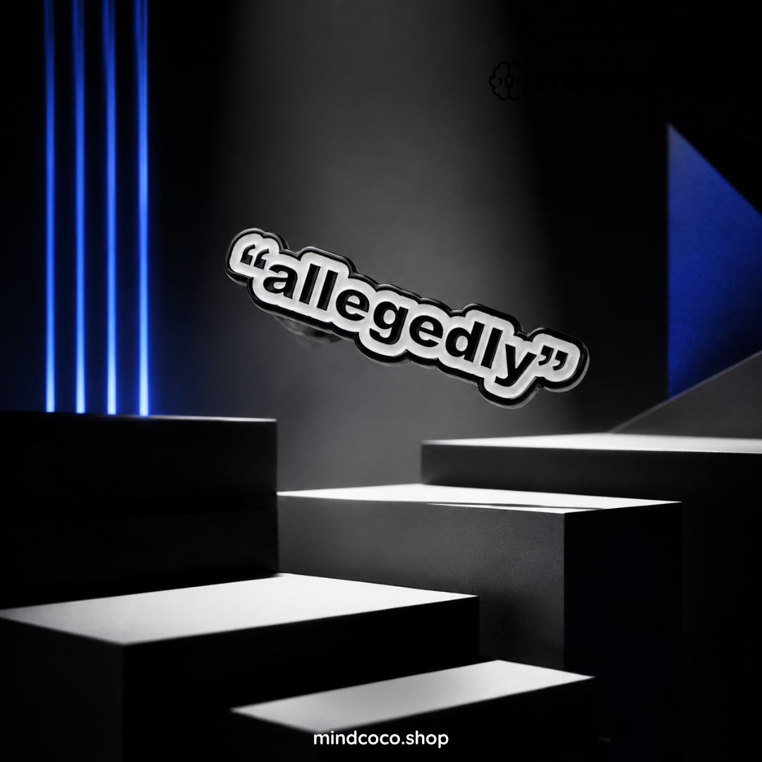 "Allegedly" enamel pin – lifestyle flat lay, neurodivergent and mental health humour