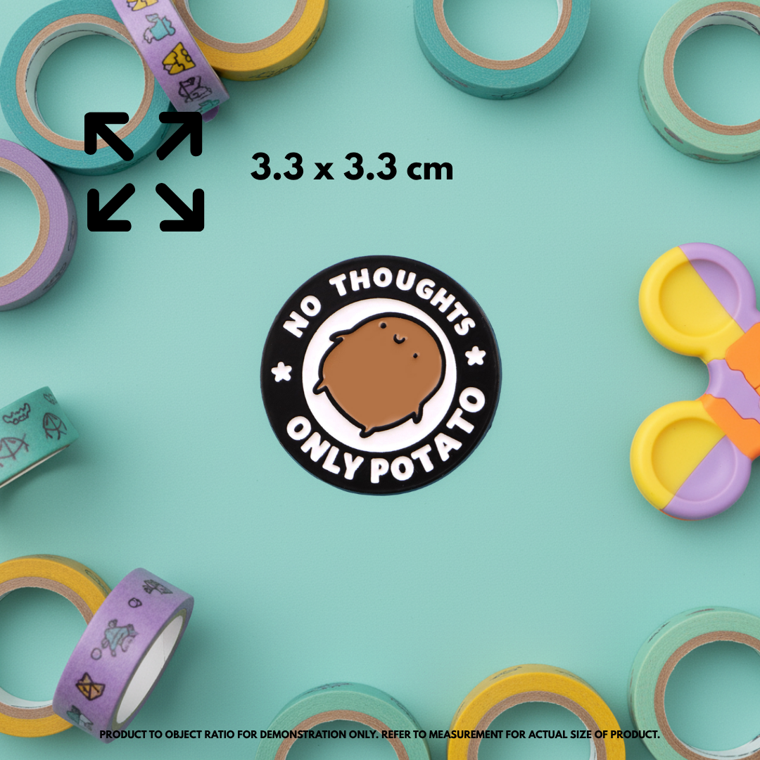 Person holding "No Thoughts, Only Potato" enamel pin showing 3×3cm size