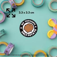 Person holding "No Thoughts, Only Potato" enamel pin showing 3×3cm size