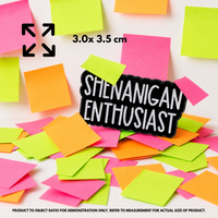 Person holding "SHENANIGAN ENTHUSIAST" enamel pin showing 3×3cm size