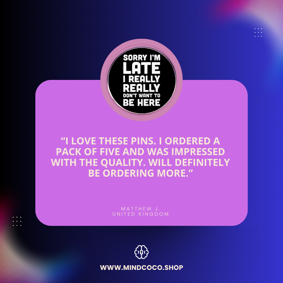 Customer review photo – "Don't Want To Be Here" enamel pin, 5-star community favourite