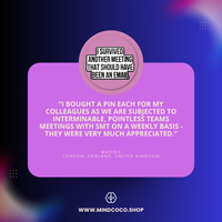 Customer review photo – "Survived Meetings" enamel pin, 5-star community favourite