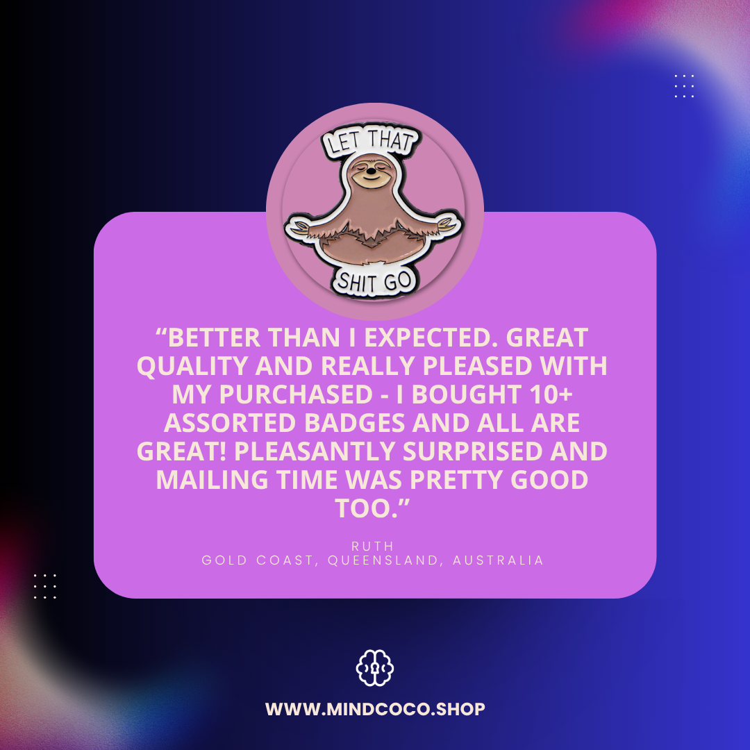 Customer review photo – "Let That Sh*t Go" enamel pin, 5-star community favourite