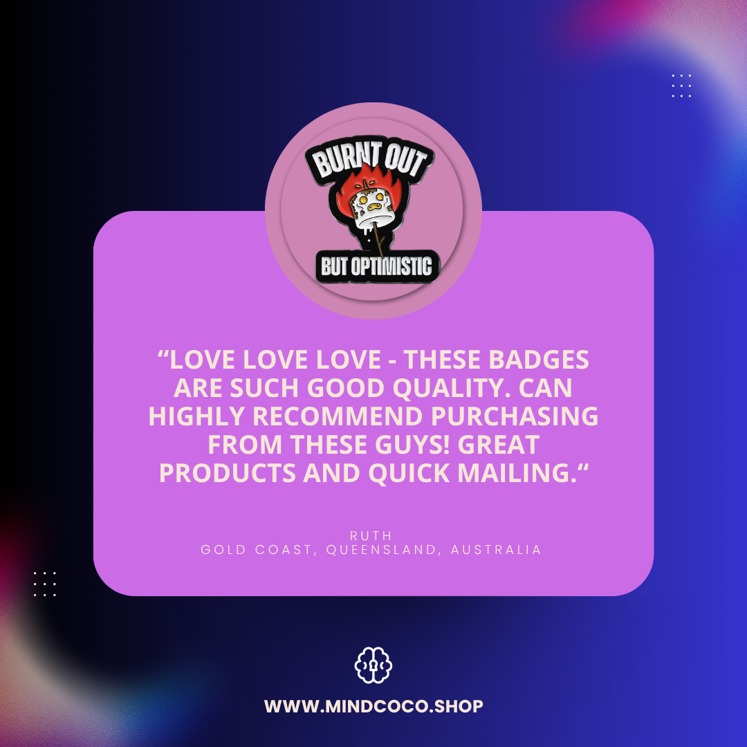 Customer review photo – "Burnt Out But Optimistic" enamel pin, 5-star community favourite