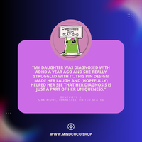 Customer review photo – "SlayDHD" enamel pin, 5-star community favourite