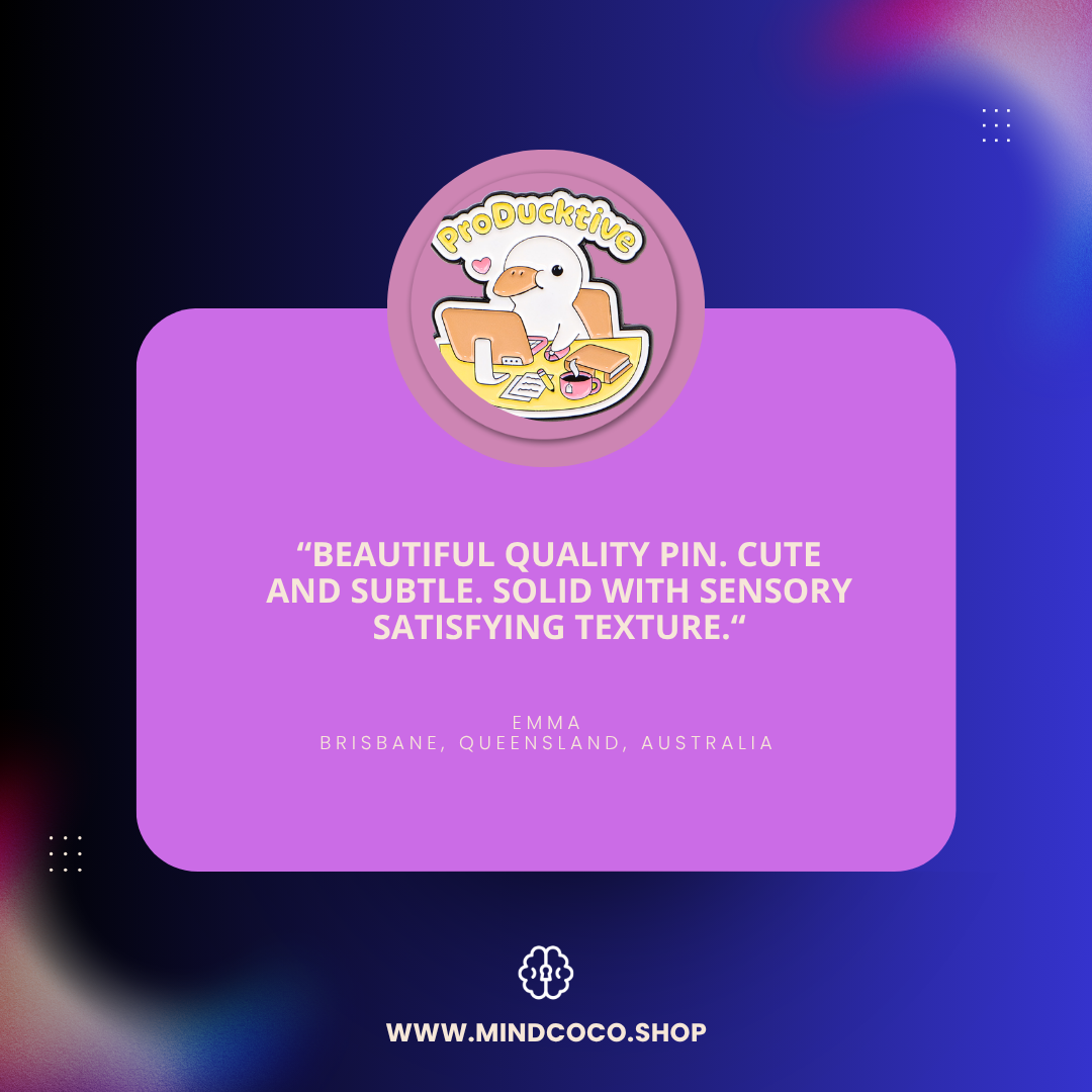 Customer review photo – "ProDucktive" enamel pin, 5-star community favourite